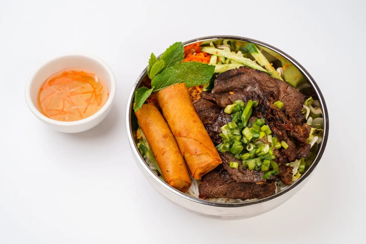 Vermicelli Bowl with Charbroiled Meat and Eggrolls