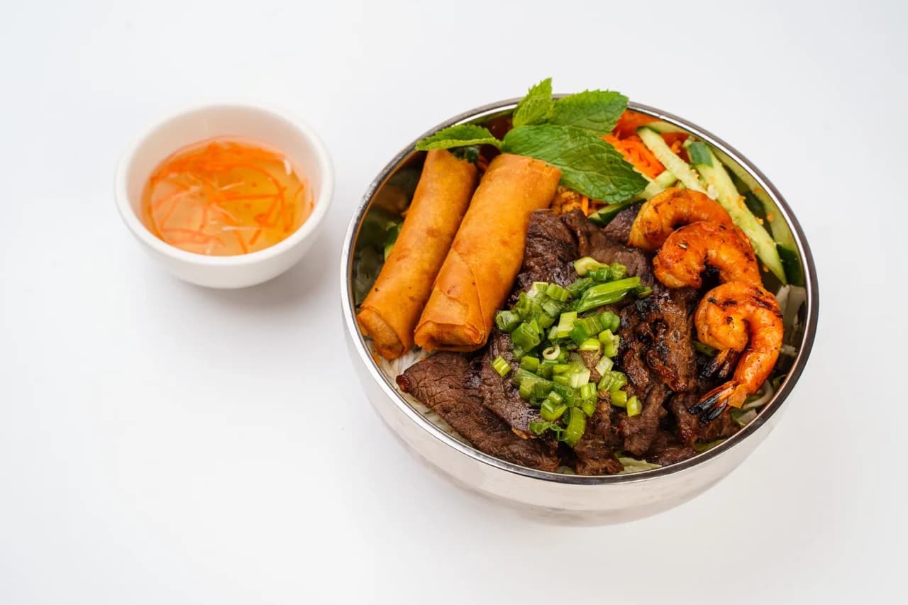 Vermicelli Bowl with Charbroiled Shrimp, Meat, and Eggrolls