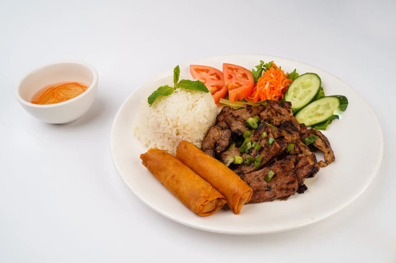 Rice Plate with Charbroiled Meat and Eggrolls