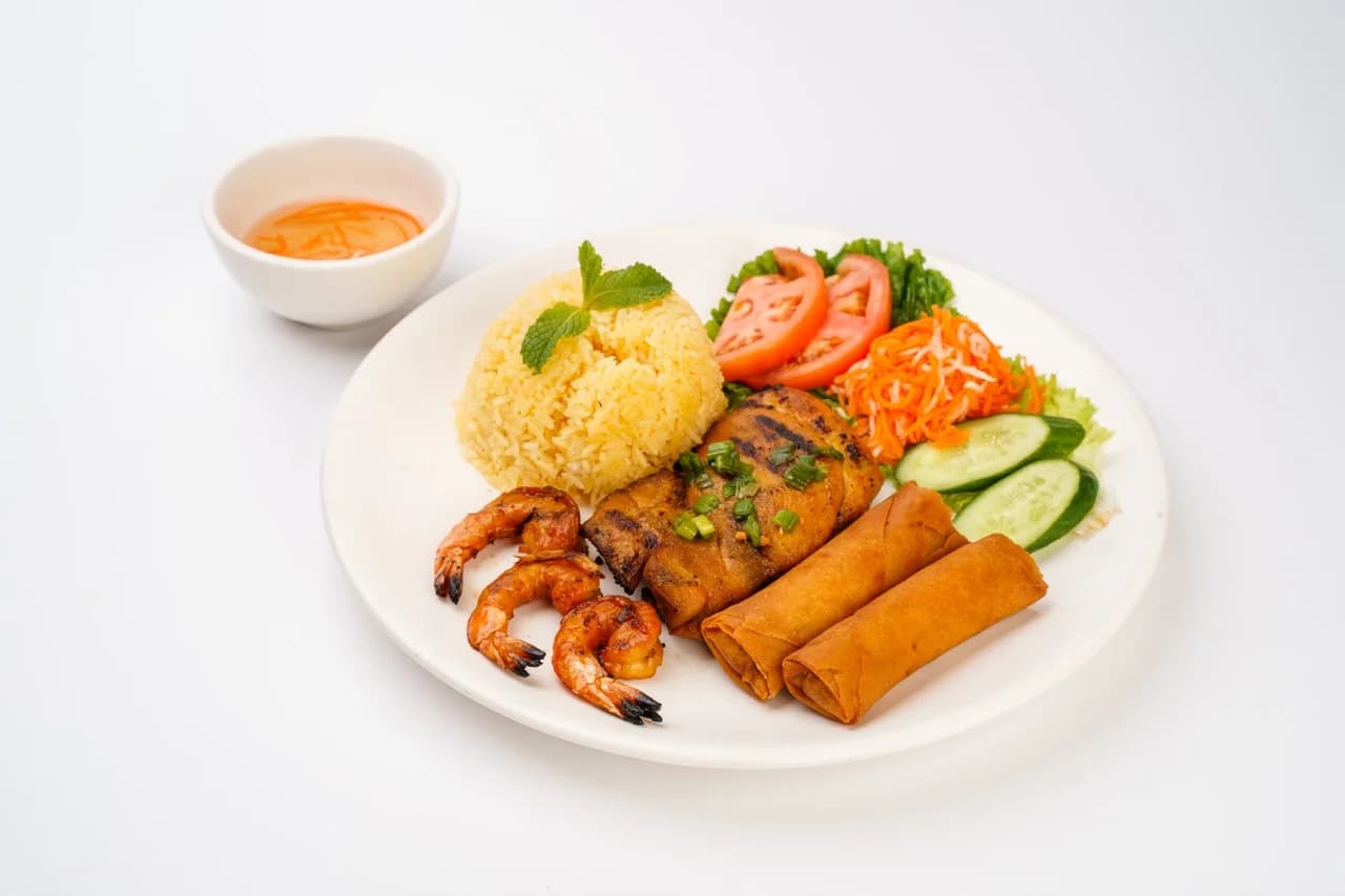 Rice Plate with Charbroiled Shrimp, Meat, and Eggrolls