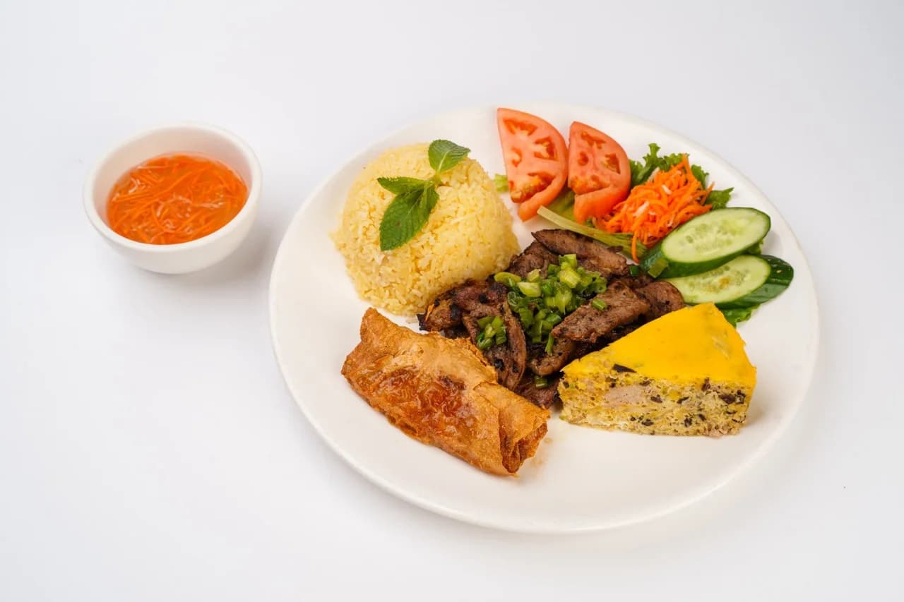 Rice Plate with Egg Quiche, Charbroiled Meat, and Shrimp Patty